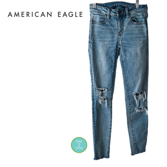 AMERICAN EAGLE Blue Distressed Frayed Hem Jegging Jeans - Size 0 - Picture 2 of 13